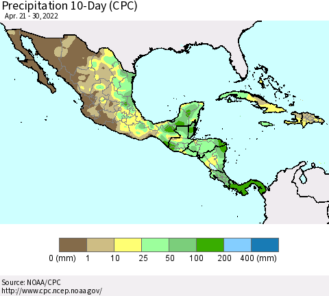 Mexico Central America and the Caribbean Precipitation 10-Day (CPC) Thematic Map For 4/21/2022 - 4/30/2022