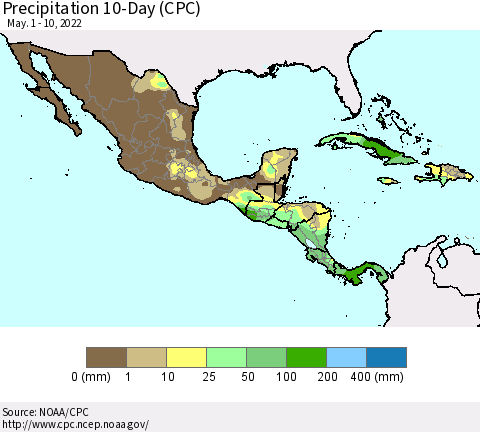 Mexico Central America and the Caribbean Precipitation 10-Day (CPC) Thematic Map For 5/1/2022 - 5/10/2022