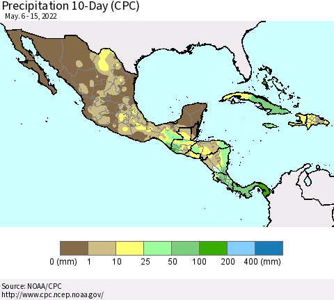 Mexico Central America and the Caribbean Precipitation 10-Day (CPC) Thematic Map For 5/6/2022 - 5/15/2022