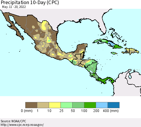 Mexico Central America and the Caribbean Precipitation 10-Day (CPC) Thematic Map For 5/11/2022 - 5/20/2022