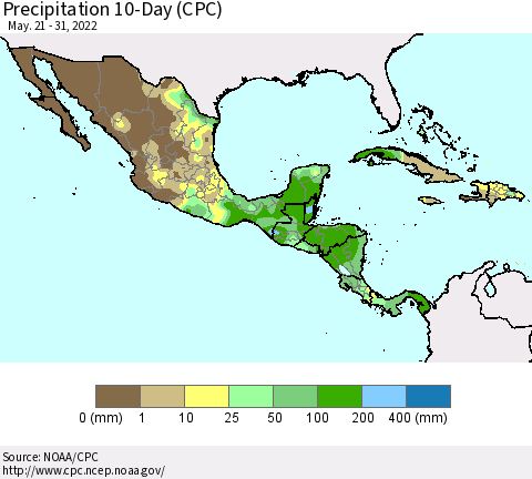 Mexico Central America and the Caribbean Precipitation 10-Day (CPC) Thematic Map For 5/21/2022 - 5/31/2022
