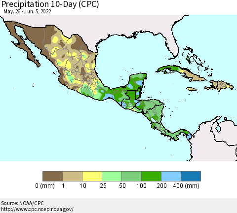 Mexico Central America and the Caribbean Precipitation 10-Day (CPC) Thematic Map For 5/26/2022 - 6/5/2022