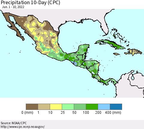 Mexico Central America and the Caribbean Precipitation 10-Day (CPC) Thematic Map For 6/1/2022 - 6/10/2022