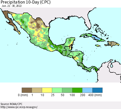 Mexico Central America and the Caribbean Precipitation 10-Day (CPC) Thematic Map For 6/21/2022 - 6/30/2022