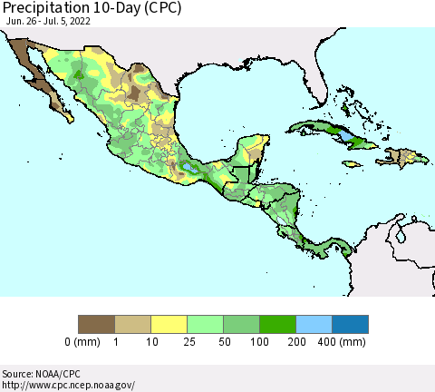 Mexico Central America and the Caribbean Precipitation 10-Day (CPC) Thematic Map For 6/26/2022 - 7/5/2022