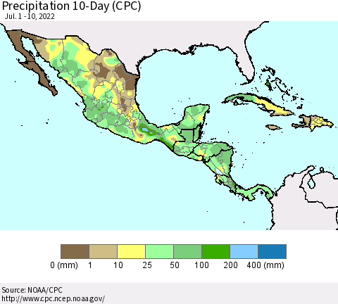 Mexico Central America and the Caribbean Precipitation 10-Day (CPC) Thematic Map For 7/1/2022 - 7/10/2022
