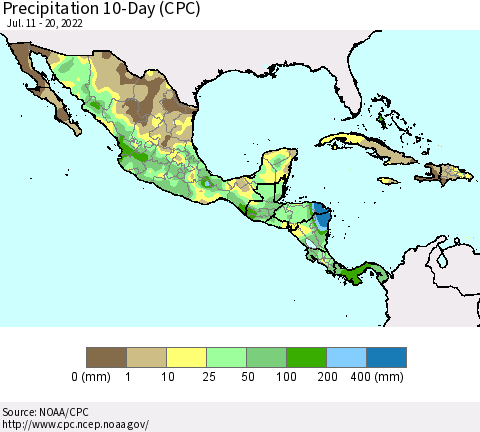 Mexico Central America and the Caribbean Precipitation 10-Day (CPC) Thematic Map For 7/11/2022 - 7/20/2022