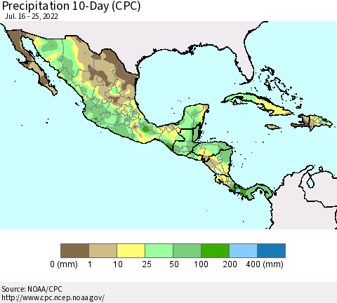 Mexico Central America and the Caribbean Precipitation 10-Day (CPC) Thematic Map For 7/16/2022 - 7/25/2022