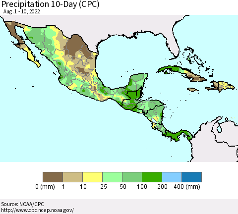 Mexico Central America and the Caribbean Precipitation 10-Day (CPC) Thematic Map For 8/1/2022 - 8/10/2022