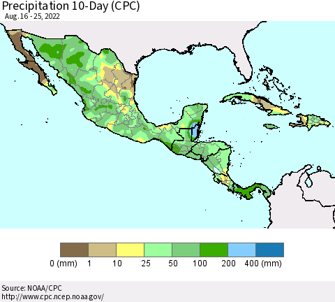 Mexico Central America and the Caribbean Precipitation 10-Day (CPC) Thematic Map For 8/16/2022 - 8/25/2022