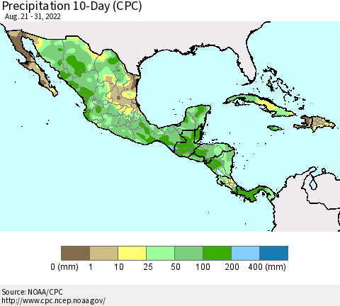 Mexico Central America and the Caribbean Precipitation 10-Day (CPC) Thematic Map For 8/21/2022 - 8/31/2022