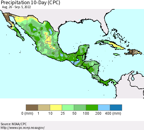 Mexico Central America and the Caribbean Precipitation 10-Day (CPC) Thematic Map For 8/26/2022 - 9/5/2022