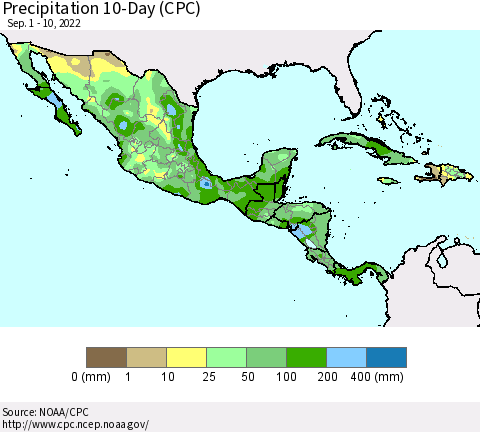 Mexico Central America and the Caribbean Precipitation 10-Day (CPC) Thematic Map For 9/1/2022 - 9/10/2022