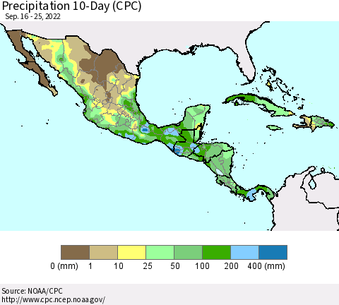 Mexico Central America and the Caribbean Precipitation 10-Day (CPC) Thematic Map For 9/16/2022 - 9/25/2022