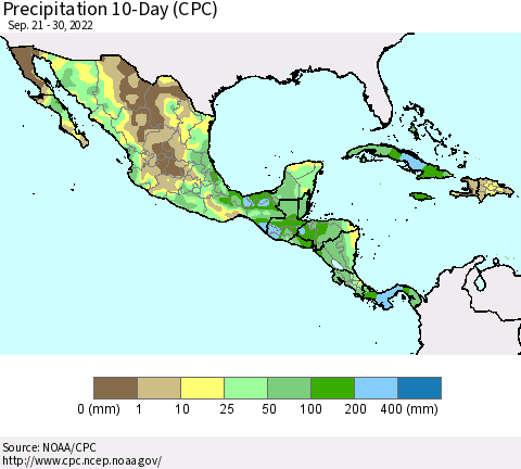 Mexico Central America and the Caribbean Precipitation 10-Day (CPC) Thematic Map For 9/21/2022 - 9/30/2022