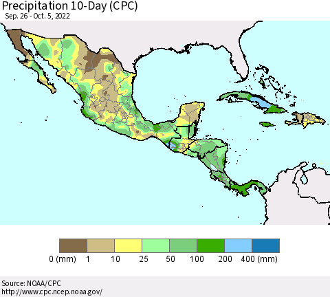Mexico Central America and the Caribbean Precipitation 10-Day (CPC) Thematic Map For 9/26/2022 - 10/5/2022