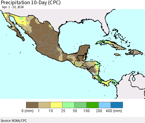 Mexico Central America and the Caribbean Precipitation 10-Day (CPC) Thematic Map For 4/1/2024 - 4/10/2024