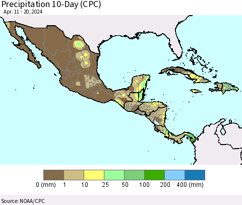 Mexico Central America and the Caribbean Precipitation 10-Day (CPC) Thematic Map For 4/11/2024 - 4/20/2024