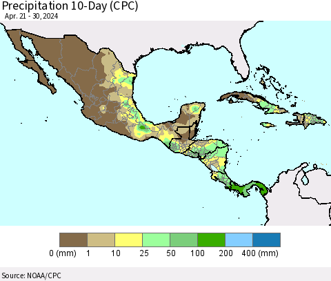 Mexico Central America and the Caribbean Precipitation 10-Day (CPC) Thematic Map For 4/21/2024 - 4/30/2024