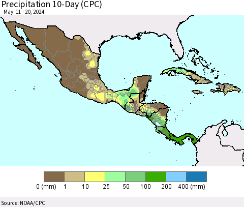Mexico Central America and the Caribbean Precipitation 10-Day (CPC) Thematic Map For 5/11/2024 - 5/20/2024