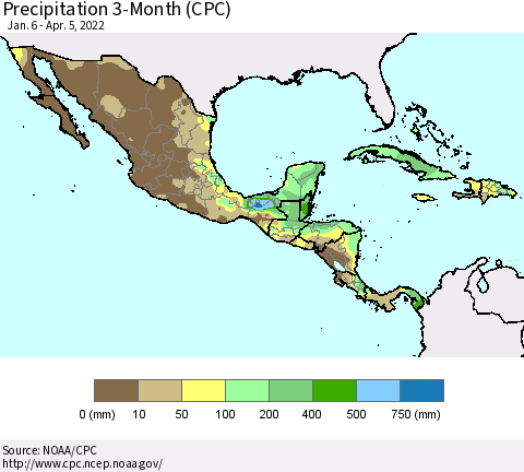 Mexico Central America and the Caribbean Precipitation 3-Month (CPC) Thematic Map For 1/6/2022 - 4/5/2022