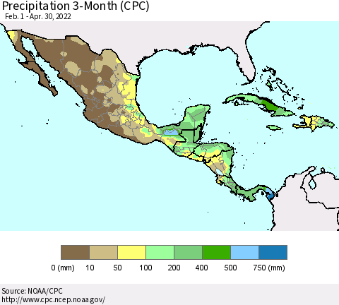 Mexico Central America and the Caribbean Precipitation 3-Month (CPC) Thematic Map For 2/1/2022 - 4/30/2022