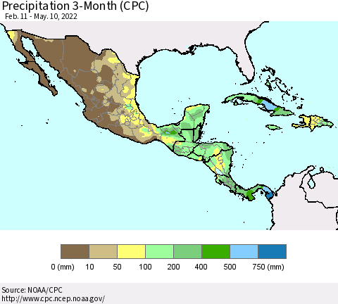 Mexico Central America and the Caribbean Precipitation 3-Month (CPC) Thematic Map For 2/11/2022 - 5/10/2022