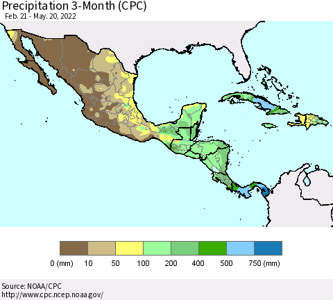 Mexico Central America and the Caribbean Precipitation 3-Month (CPC) Thematic Map For 2/21/2022 - 5/20/2022