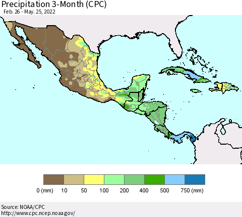 Mexico Central America and the Caribbean Precipitation 3-Month (CPC) Thematic Map For 2/26/2022 - 5/25/2022