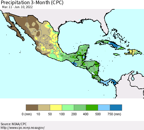 Mexico Central America and the Caribbean Precipitation 3-Month (CPC) Thematic Map For 3/11/2022 - 6/10/2022