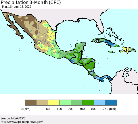 Mexico Central America and the Caribbean Precipitation 3-Month (CPC) Thematic Map For 3/16/2022 - 6/15/2022