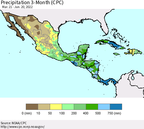 Mexico Central America and the Caribbean Precipitation 3-Month (CPC) Thematic Map For 3/21/2022 - 6/20/2022