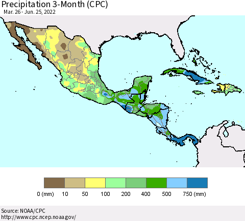 Mexico Central America and the Caribbean Precipitation 3-Month (CPC) Thematic Map For 3/26/2022 - 6/25/2022