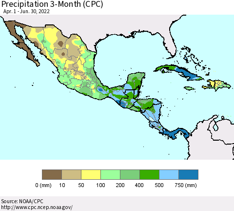 Mexico Central America and the Caribbean Precipitation 3-Month (CPC) Thematic Map For 4/1/2022 - 6/30/2022