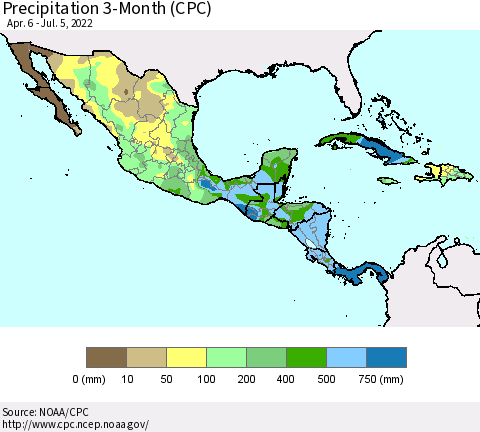 Mexico Central America and the Caribbean Precipitation 3-Month (CPC) Thematic Map For 4/6/2022 - 7/5/2022