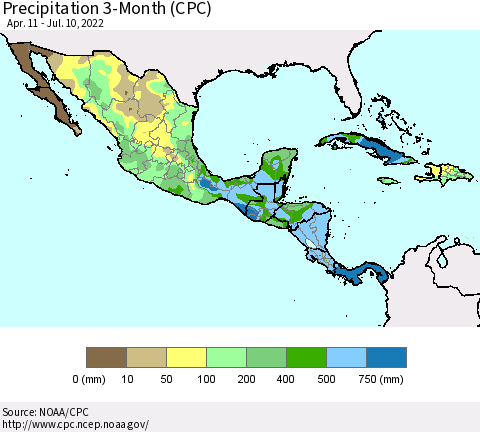 Mexico Central America and the Caribbean Precipitation 3-Month (CPC) Thematic Map For 4/11/2022 - 7/10/2022