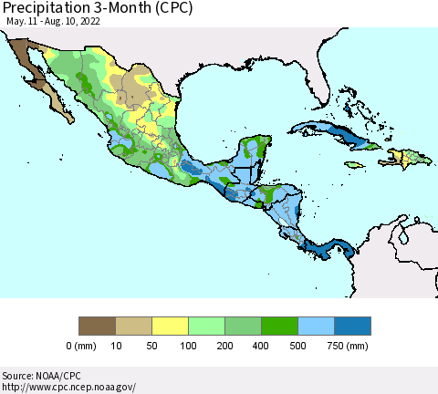 Mexico Central America and the Caribbean Precipitation 3-Month (CPC) Thematic Map For 5/11/2022 - 8/10/2022