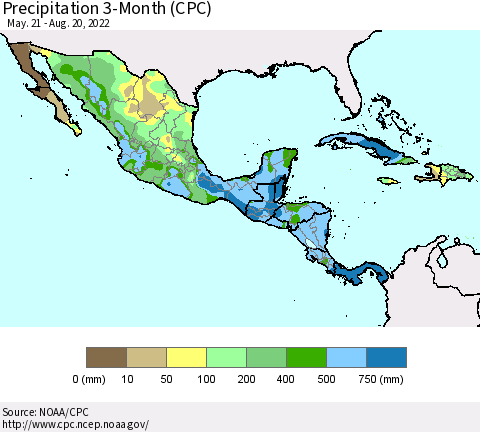 Mexico Central America and the Caribbean Precipitation 3-Month (CPC) Thematic Map For 5/21/2022 - 8/20/2022