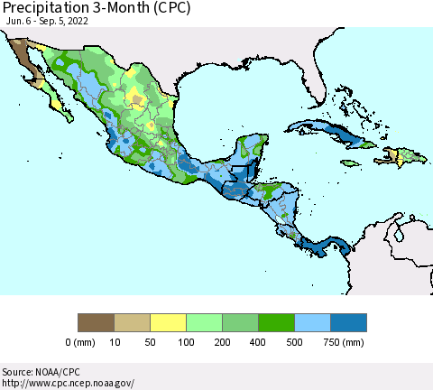 Mexico Central America and the Caribbean Precipitation 3-Month (CPC) Thematic Map For 6/6/2022 - 9/5/2022