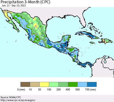 Mexico Central America and the Caribbean Precipitation 3-Month (CPC) Thematic Map For 6/11/2022 - 9/10/2022
