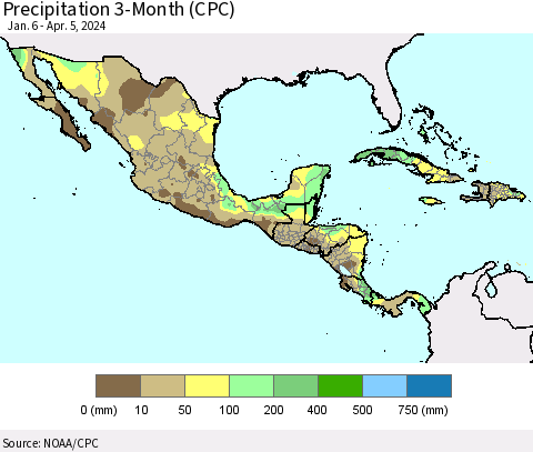 Mexico Central America and the Caribbean Precipitation 3-Month (CPC) Thematic Map For 1/6/2024 - 4/5/2024