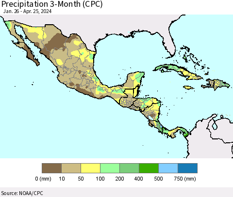 Mexico Central America and the Caribbean Precipitation 3-Month (CPC) Thematic Map For 1/26/2024 - 4/25/2024