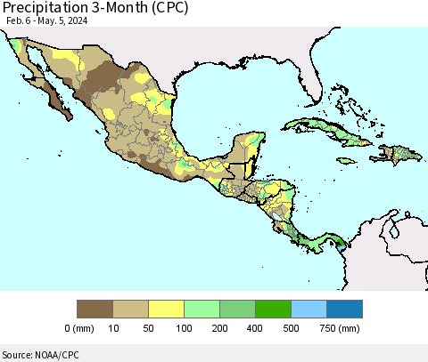 Mexico Central America and the Caribbean Precipitation 3-Month (CPC) Thematic Map For 2/6/2024 - 5/5/2024
