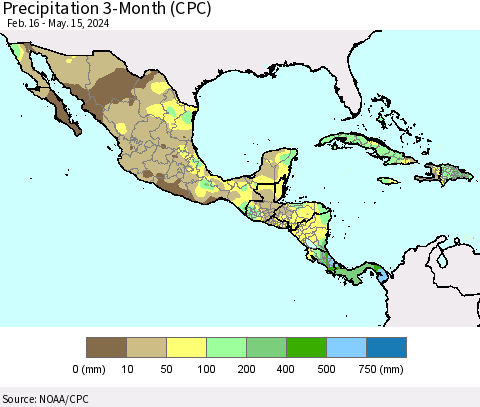 Mexico Central America and the Caribbean Precipitation 3-Month (CPC) Thematic Map For 2/16/2024 - 5/15/2024