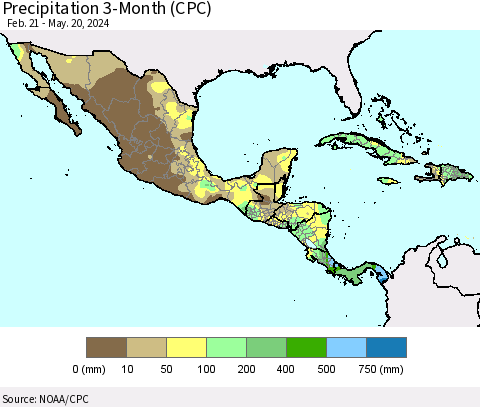 Mexico Central America and the Caribbean Precipitation 3-Month (CPC) Thematic Map For 2/21/2024 - 5/20/2024