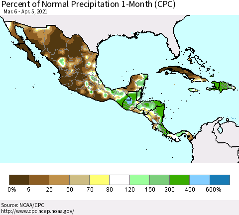 Mexico Central America and the Caribbean Percent of Normal Precipitation 1-Month (CPC) Thematic Map For 3/6/2021 - 4/5/2021