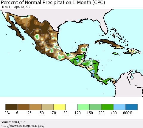 Mexico Central America and the Caribbean Percent of Normal Precipitation 1-Month (CPC) Thematic Map For 3/11/2021 - 4/10/2021