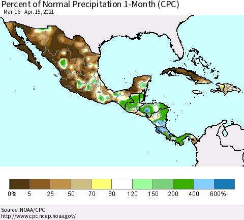 Mexico Central America and the Caribbean Percent of Normal Precipitation 1-Month (CPC) Thematic Map For 3/16/2021 - 4/15/2021