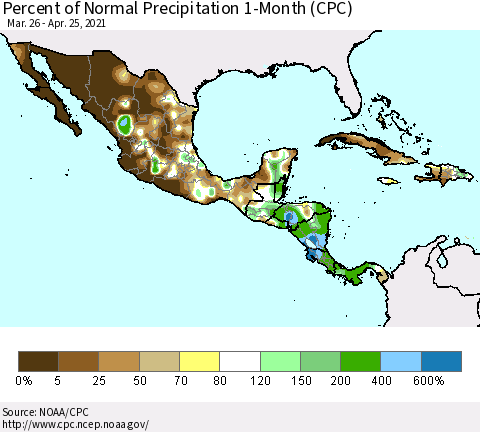 Mexico Central America and the Caribbean Percent of Normal Precipitation 1-Month (CPC) Thematic Map For 3/26/2021 - 4/25/2021
