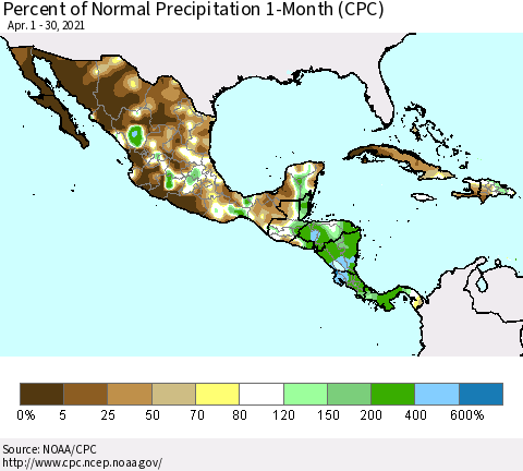 Mexico Central America and the Caribbean Percent of Normal Precipitation 1-Month (CPC) Thematic Map For 4/1/2021 - 4/30/2021